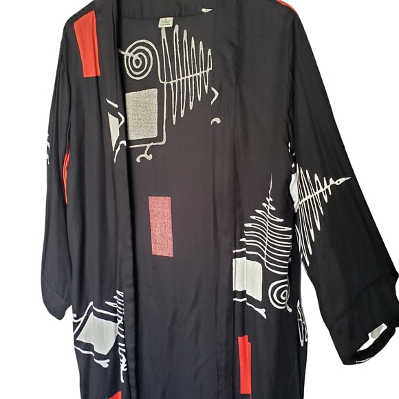 Cardigan Open Front Long Black Red White Abstract Print Lightweight One Size - Picture 2 of 7